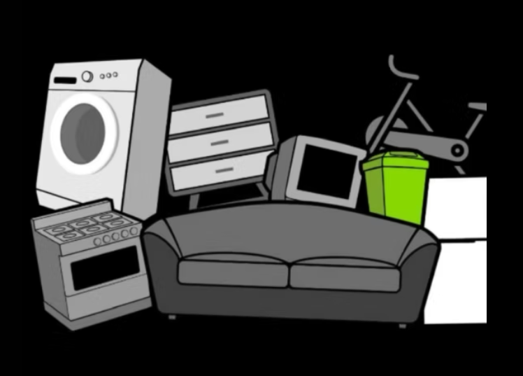 A bunch of household appliances including a couch a washer and dryer and a green trash can