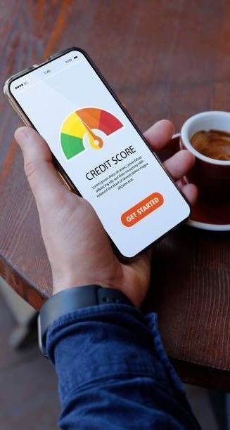 A person is holding a cell phone with a credit score app on it.