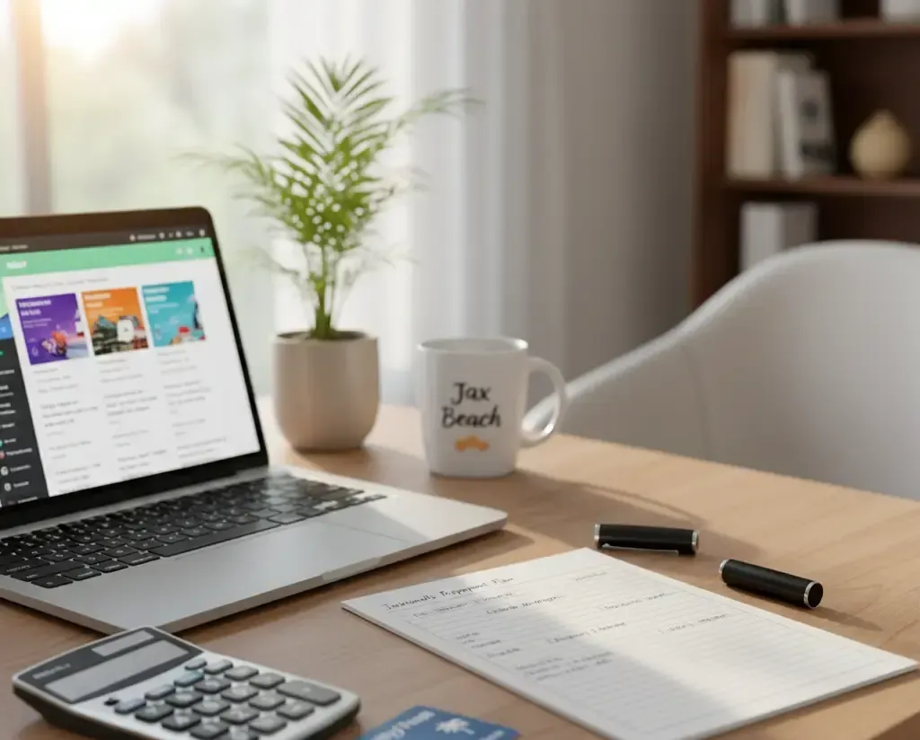 Laptop with website, calculator, paper, and coffee mug on a wooden desk near a plant and window.