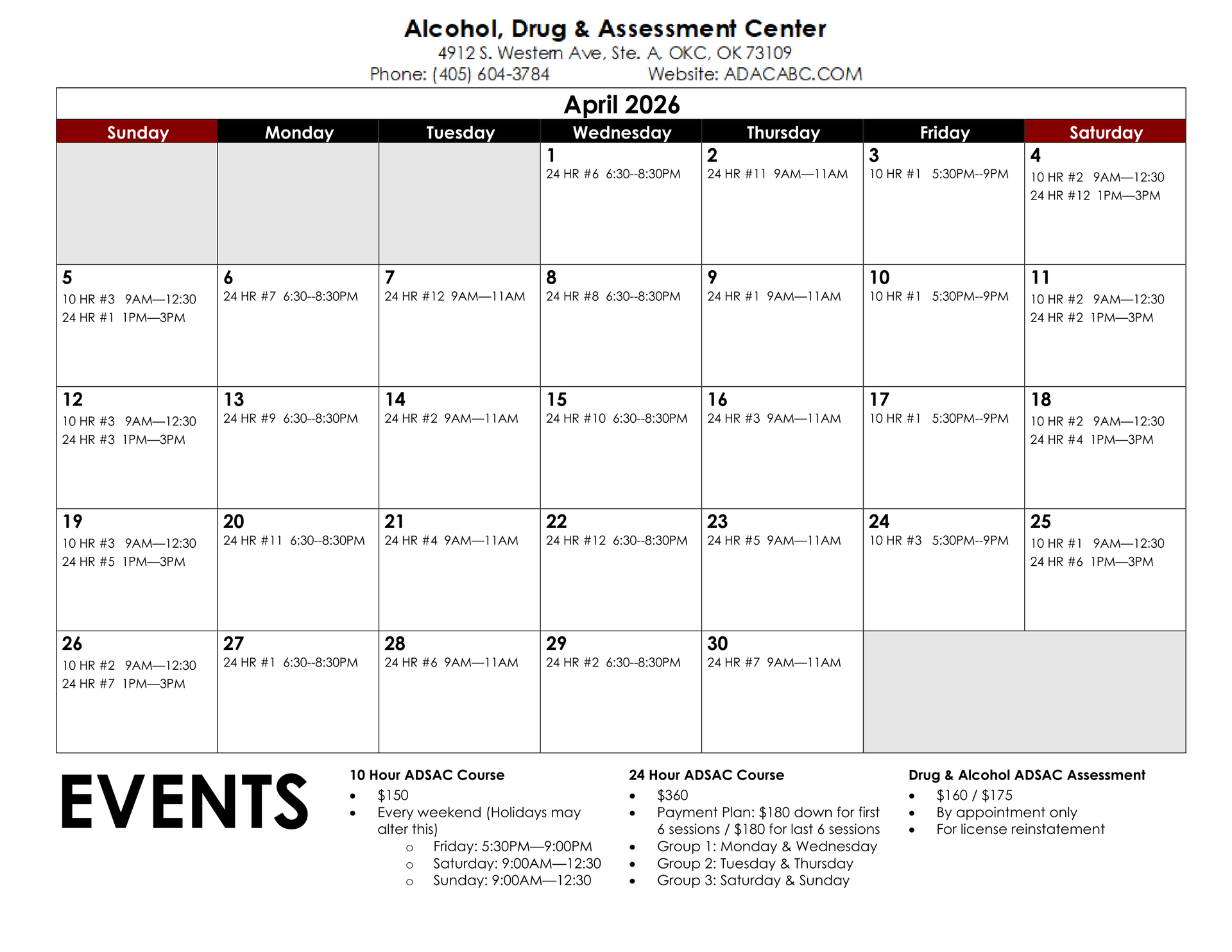 April 2024 calendar for Alcohol, Drug & Assessment Center, with event listings.