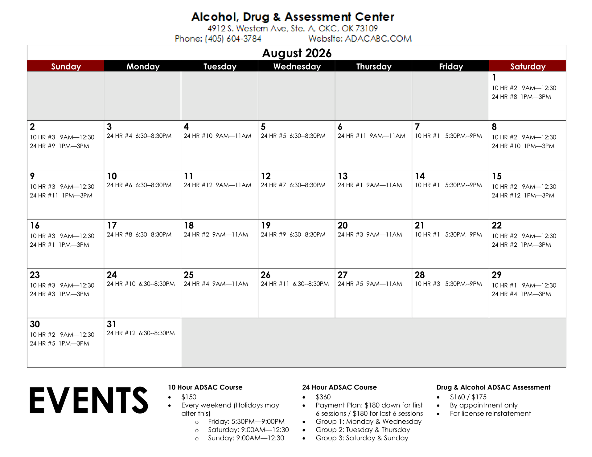 Calendar for August 2024 with alcohol & drug assessment center events listed by date.
