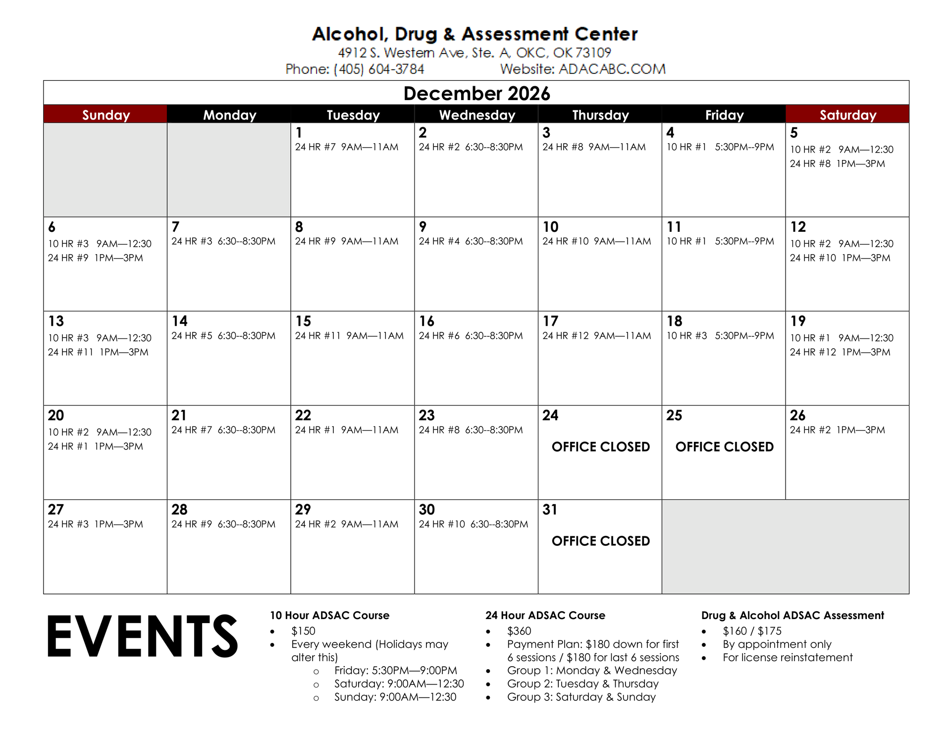 December 2026 calendar for Alcohol, Drug & Assessment Center, with event listings and holidays.