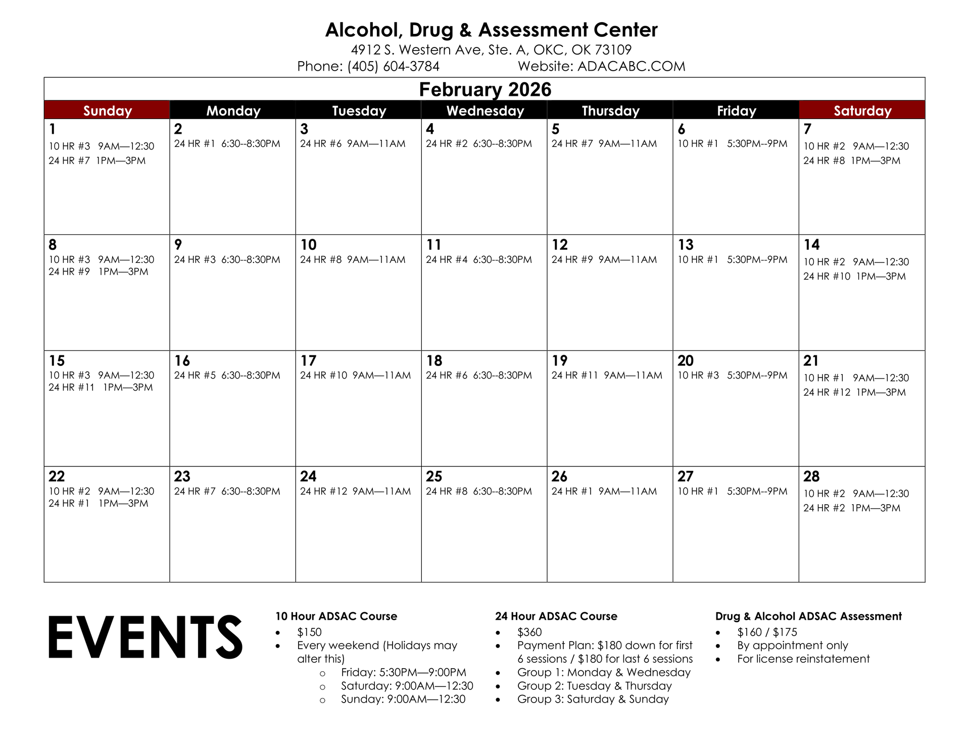 Calendar for February 2016 at Alcohol, Drug, & Assessment Center. Includes event listings for each day.