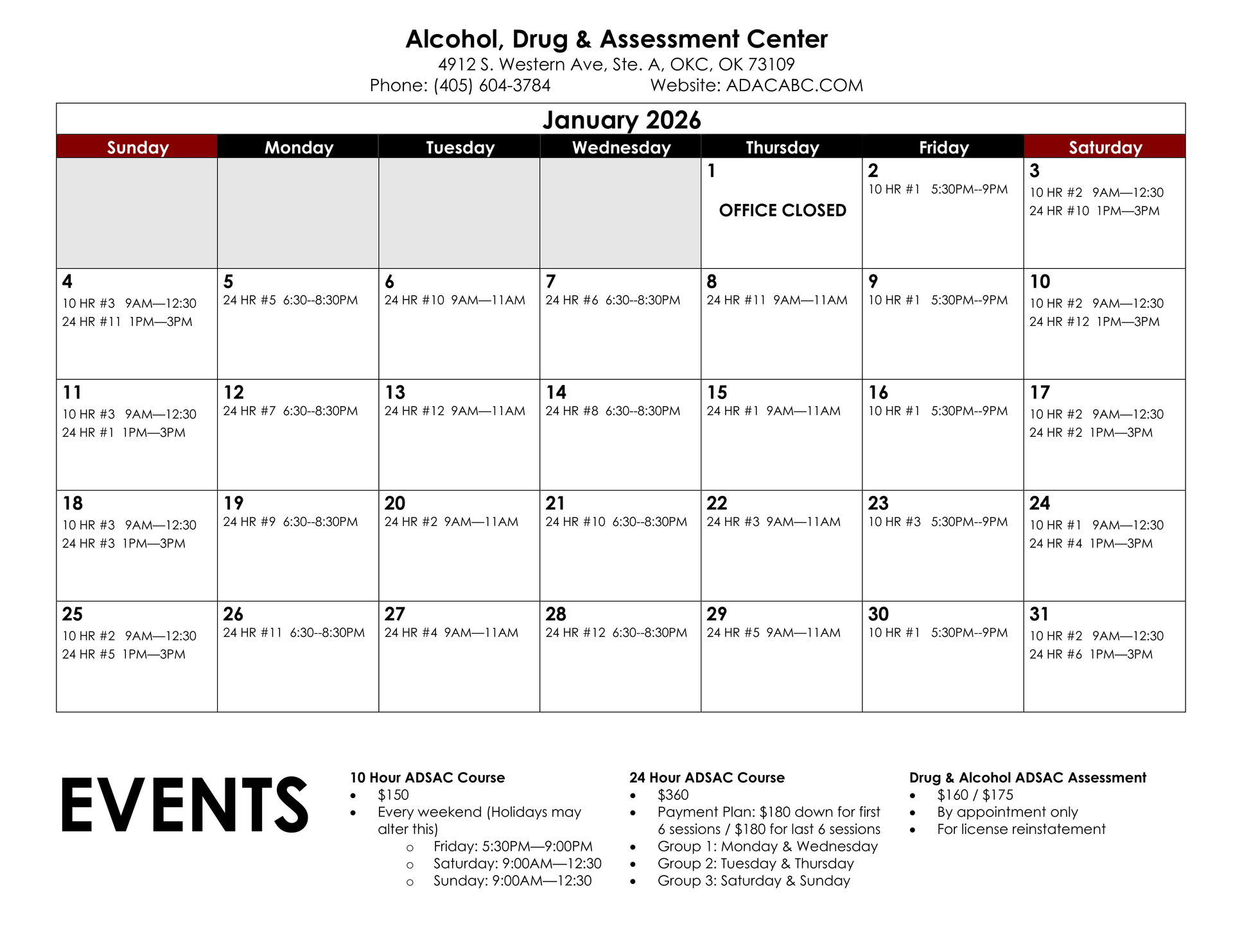 Calendar for Alcohol, Drug & Assessment Center, January 2016, with event listings.