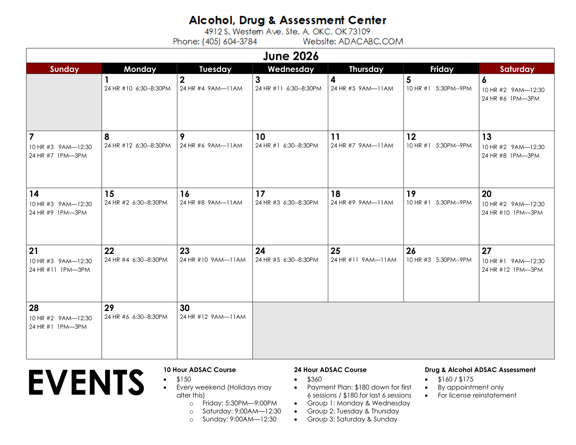 June 2024 calendar for Alcohol, Drug & Assessment Center, with event listings.