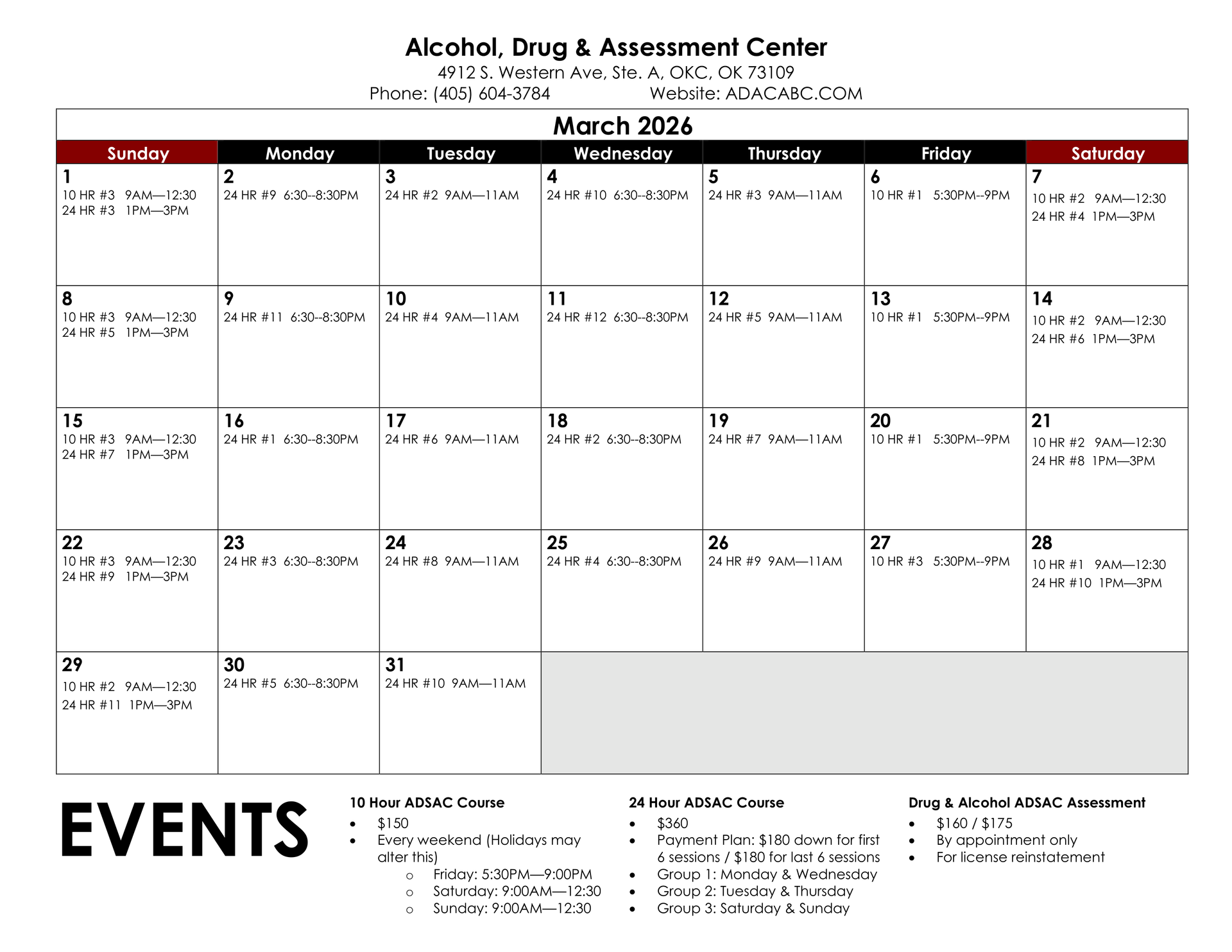 March 2026 calendar for Alcohol, Drug & Assessment Center, with weekly events listed.