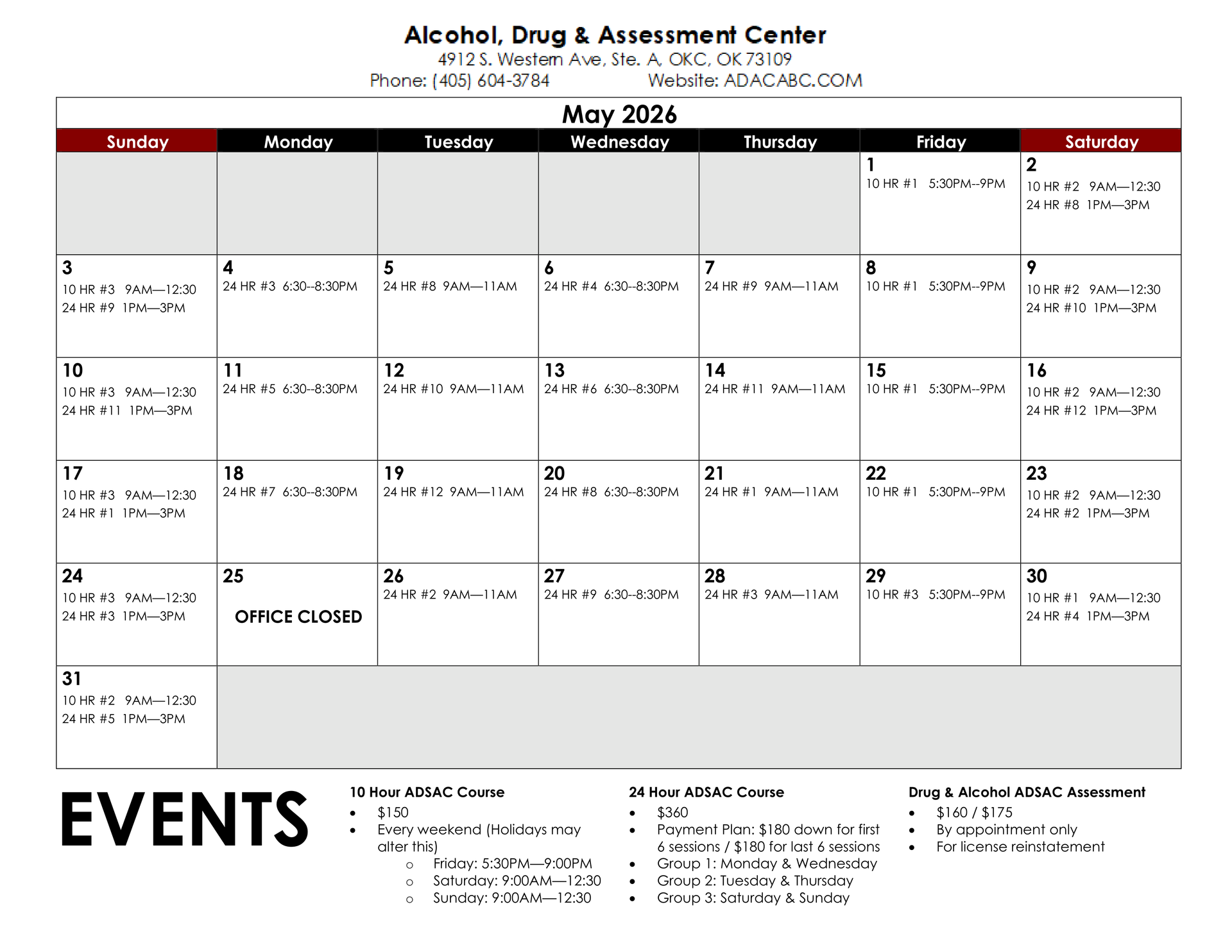 May 2016 calendar from Alcohol, Drug & Assessment Center, with weekly events listed.