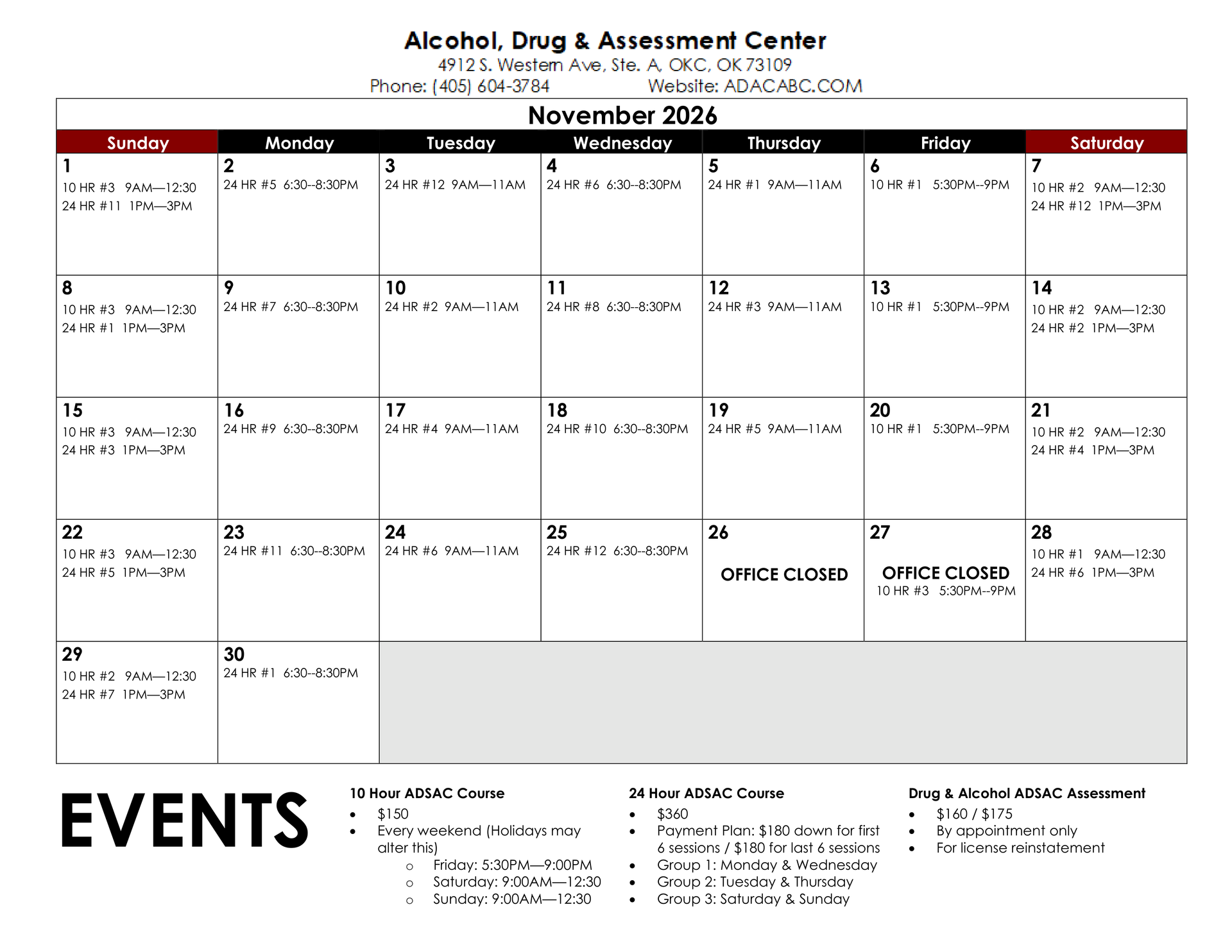 Calendar for November 2025 at Alcohol, Drug & Assessment Center, with listed events.