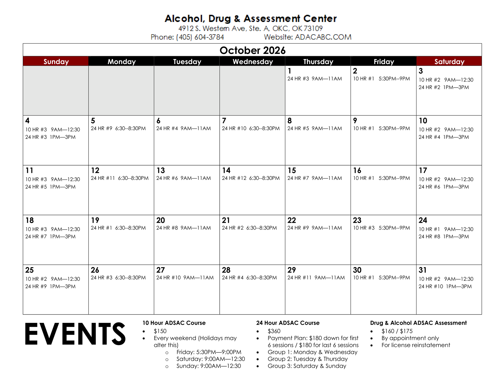 Calendar for Alcohol, Drug & Assessment Center, October 2016, with event listings.