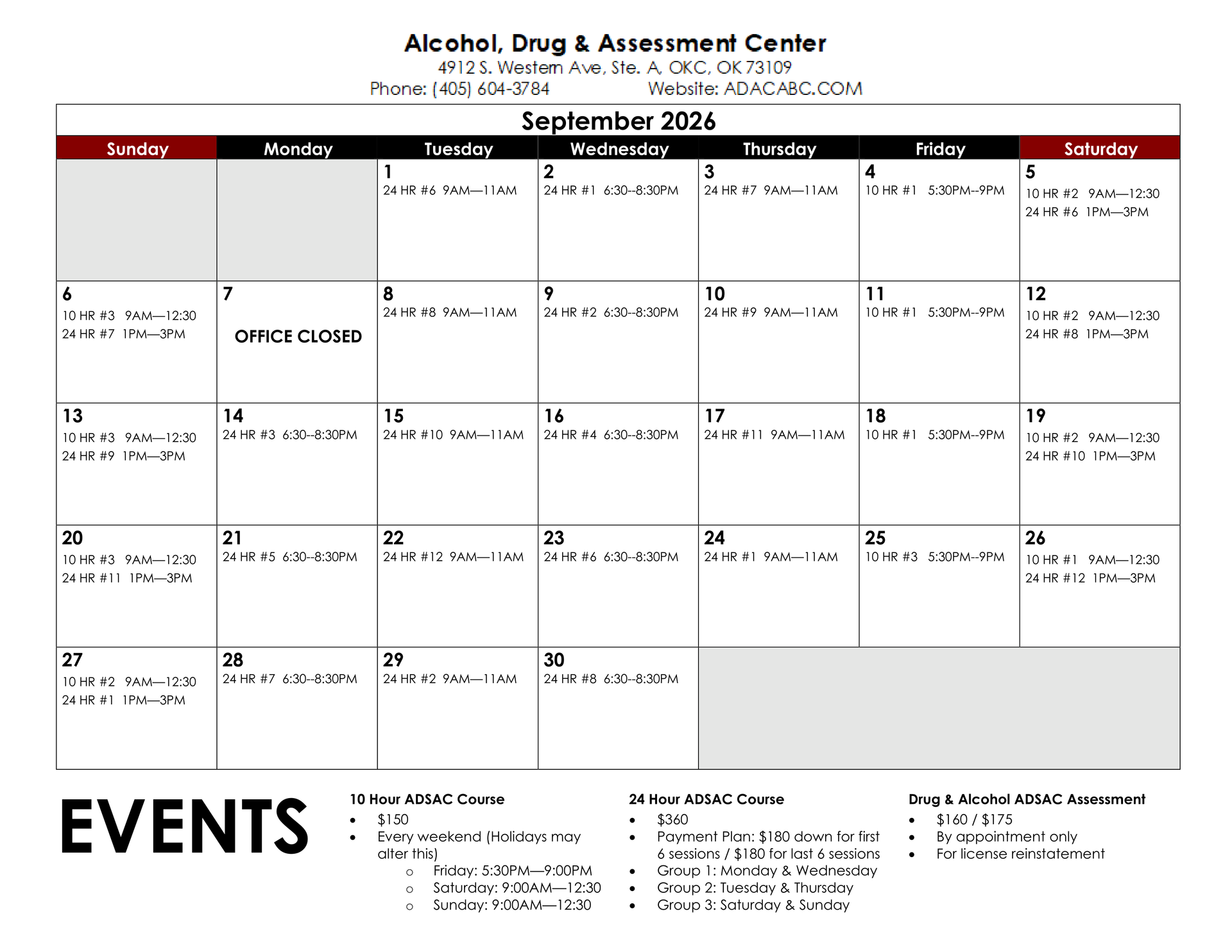 Calendar for September 2026 from Alcohol, Drug & Assessment Center, with listed events like education and classes.