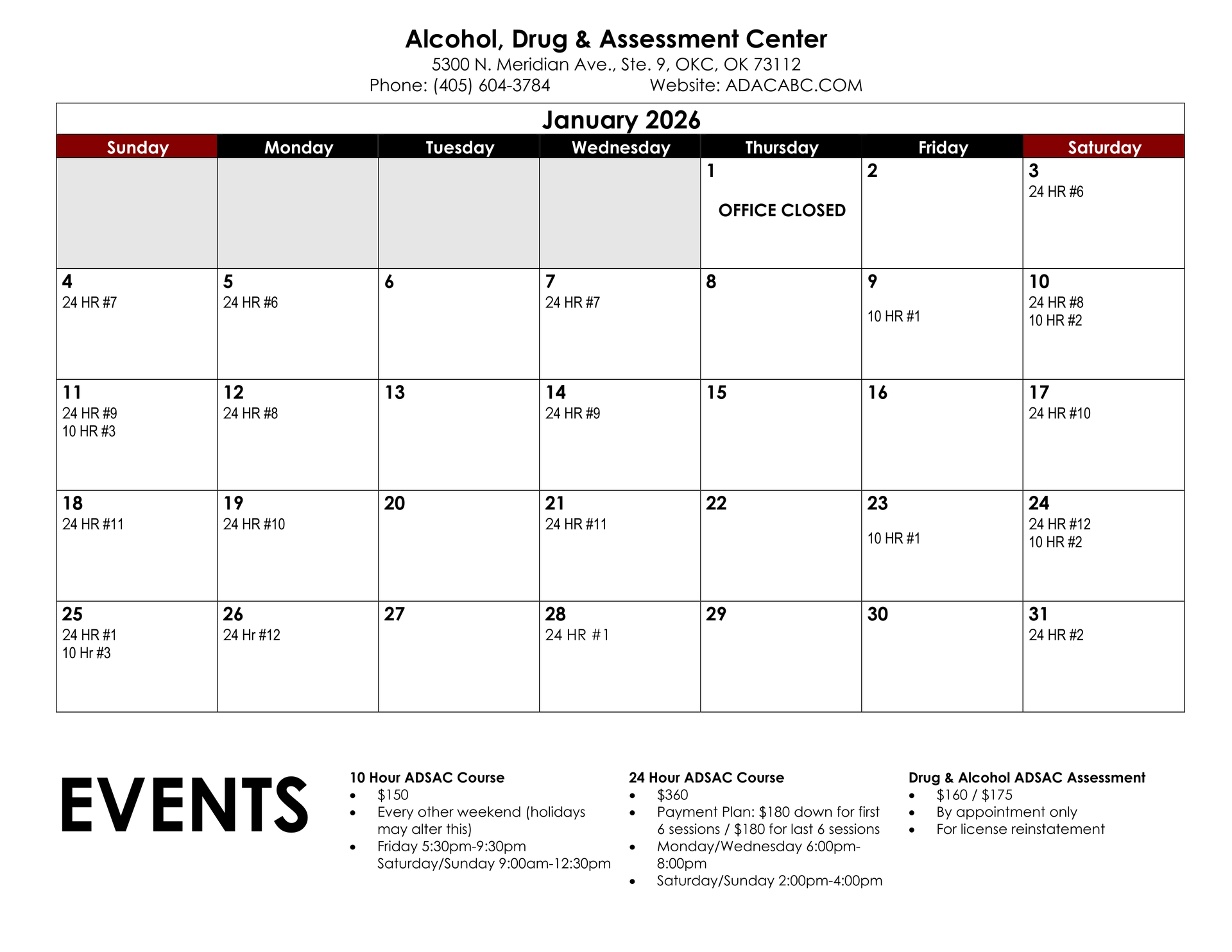 December 2025 calendar with appointments listed. Includes Alcohol, Drug & Treatment Center contact information.