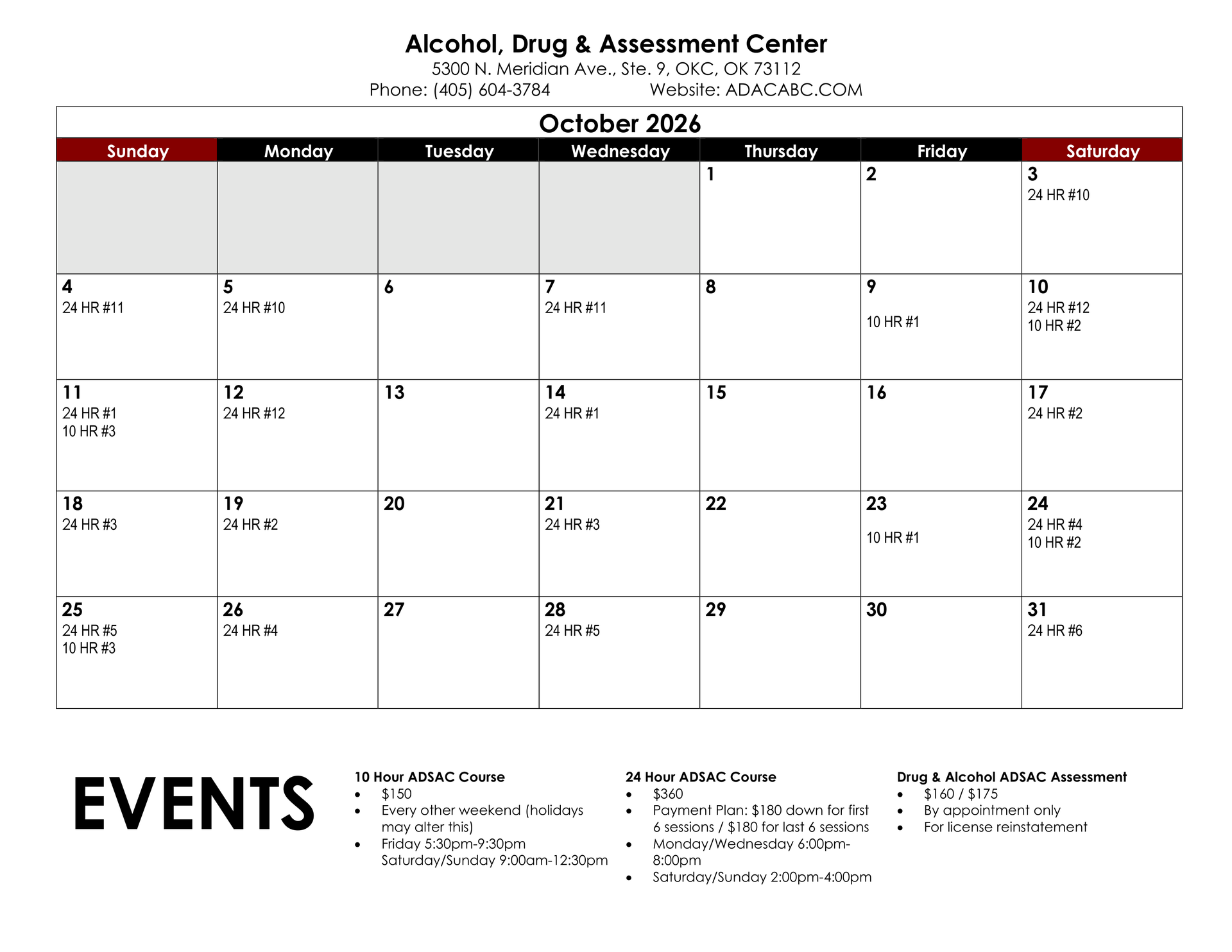 December 2025 calendar with appointments listed. Includes Alcohol, Drug & Treatment Center contact information.