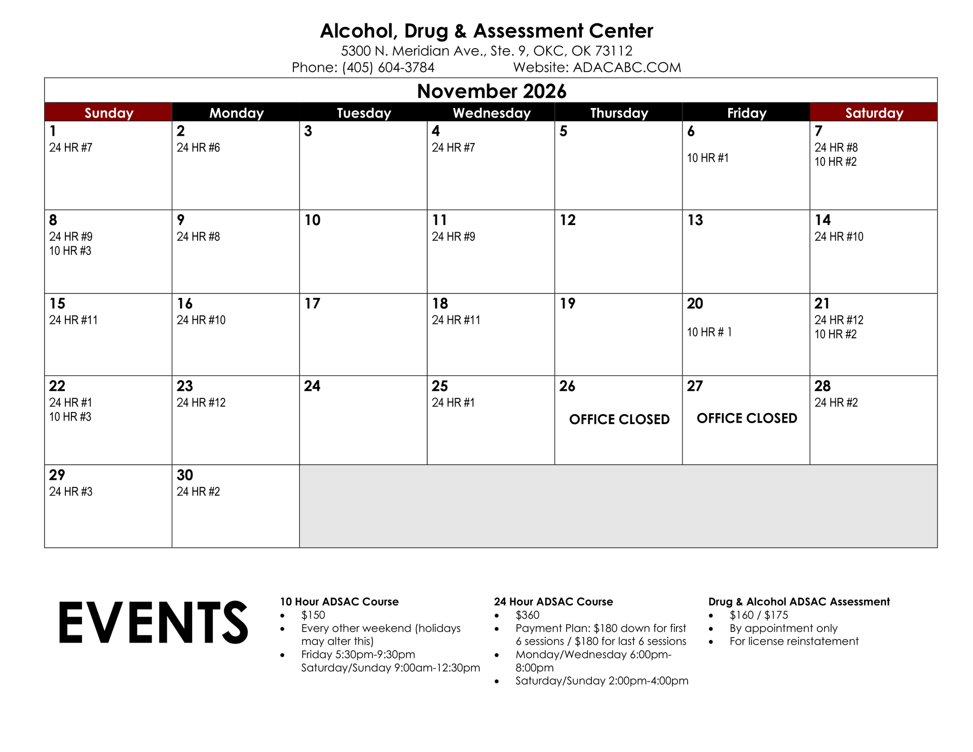 December 2025 calendar with appointments listed. Includes Alcohol, Drug & Treatment Center contact information.