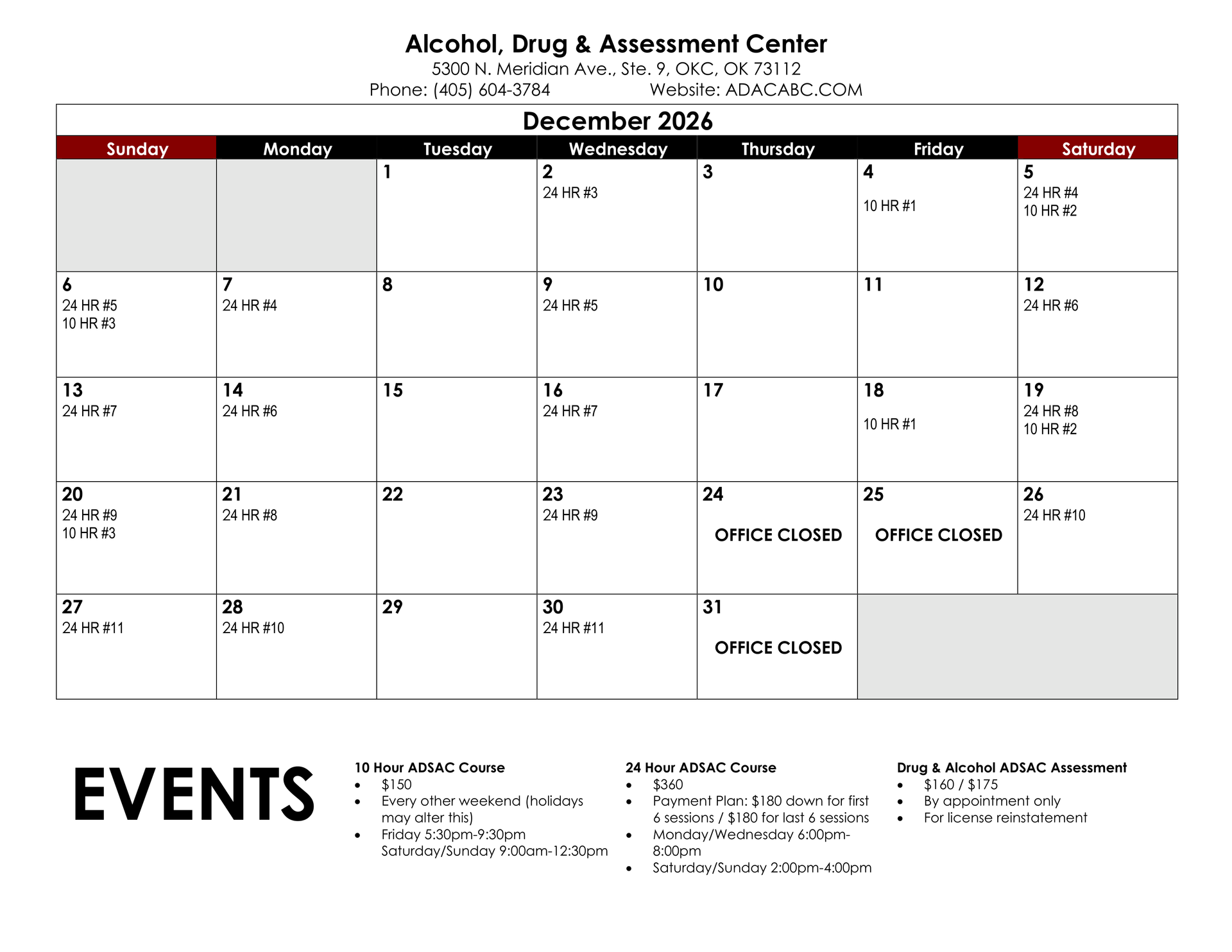 December 2025 calendar with appointments listed. Includes Alcohol, Drug & Treatment Center contact information.
