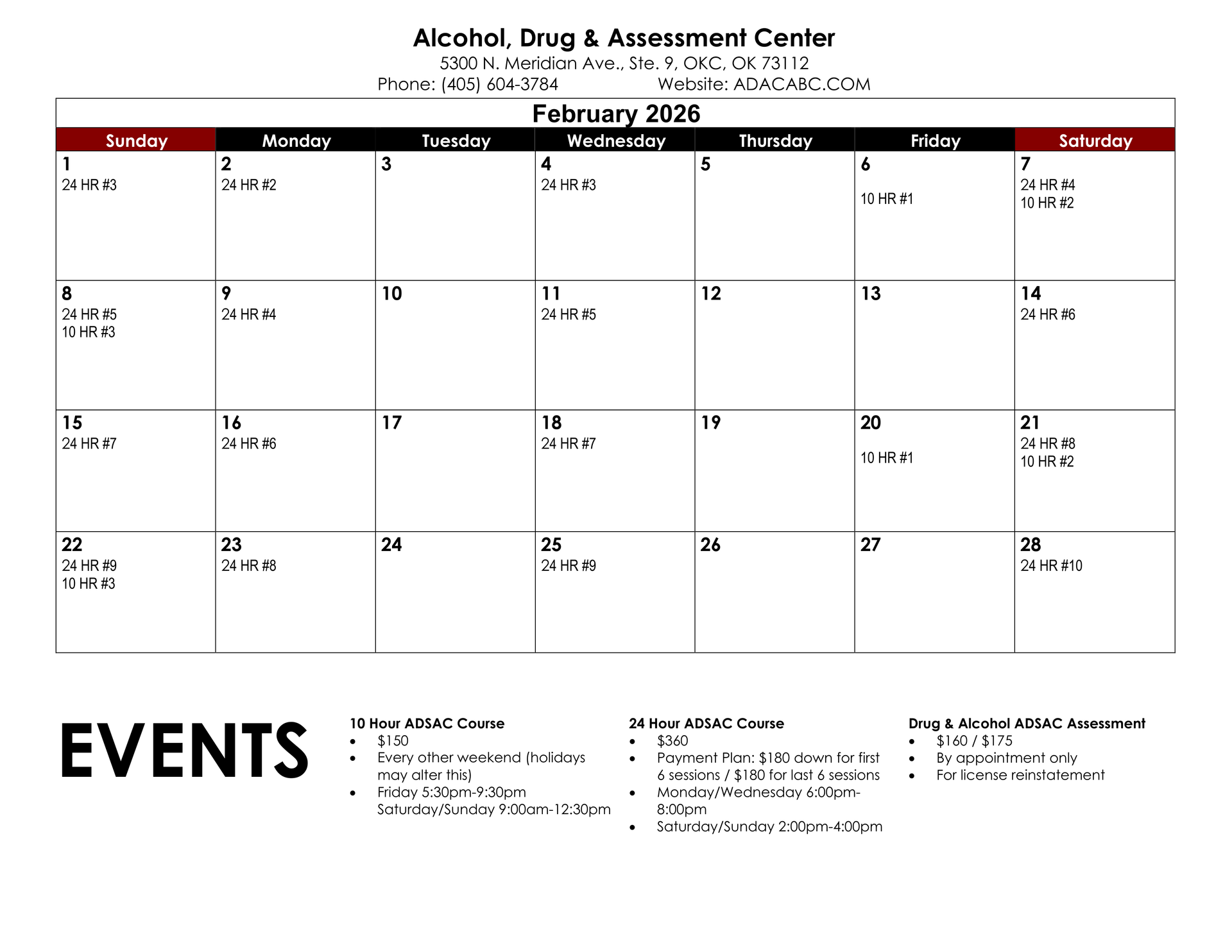 December 2025 calendar with appointments listed. Includes Alcohol, Drug & Treatment Center contact information.