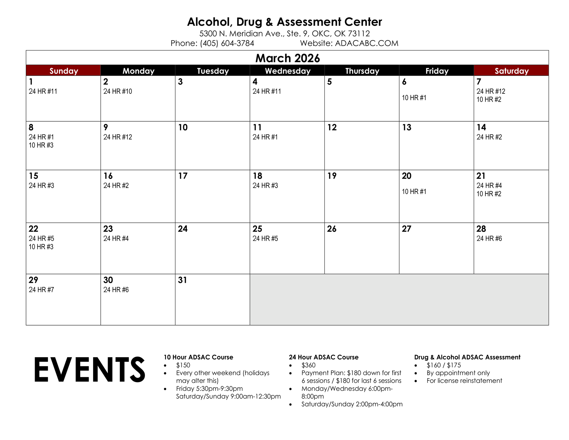 December 2025 calendar with appointments listed. Includes Alcohol, Drug & Treatment Center contact information.