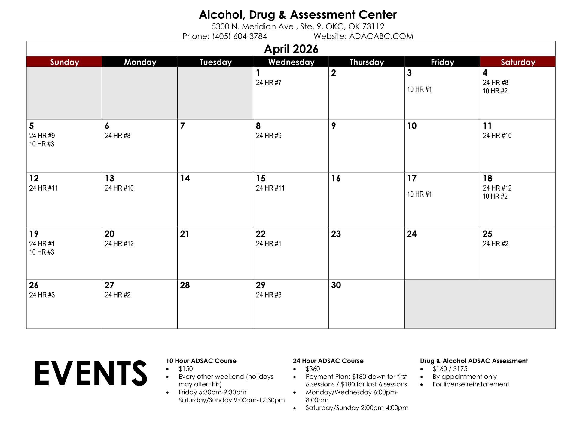 December 2025 calendar with appointments listed. Includes Alcohol, Drug & Treatment Center contact information.