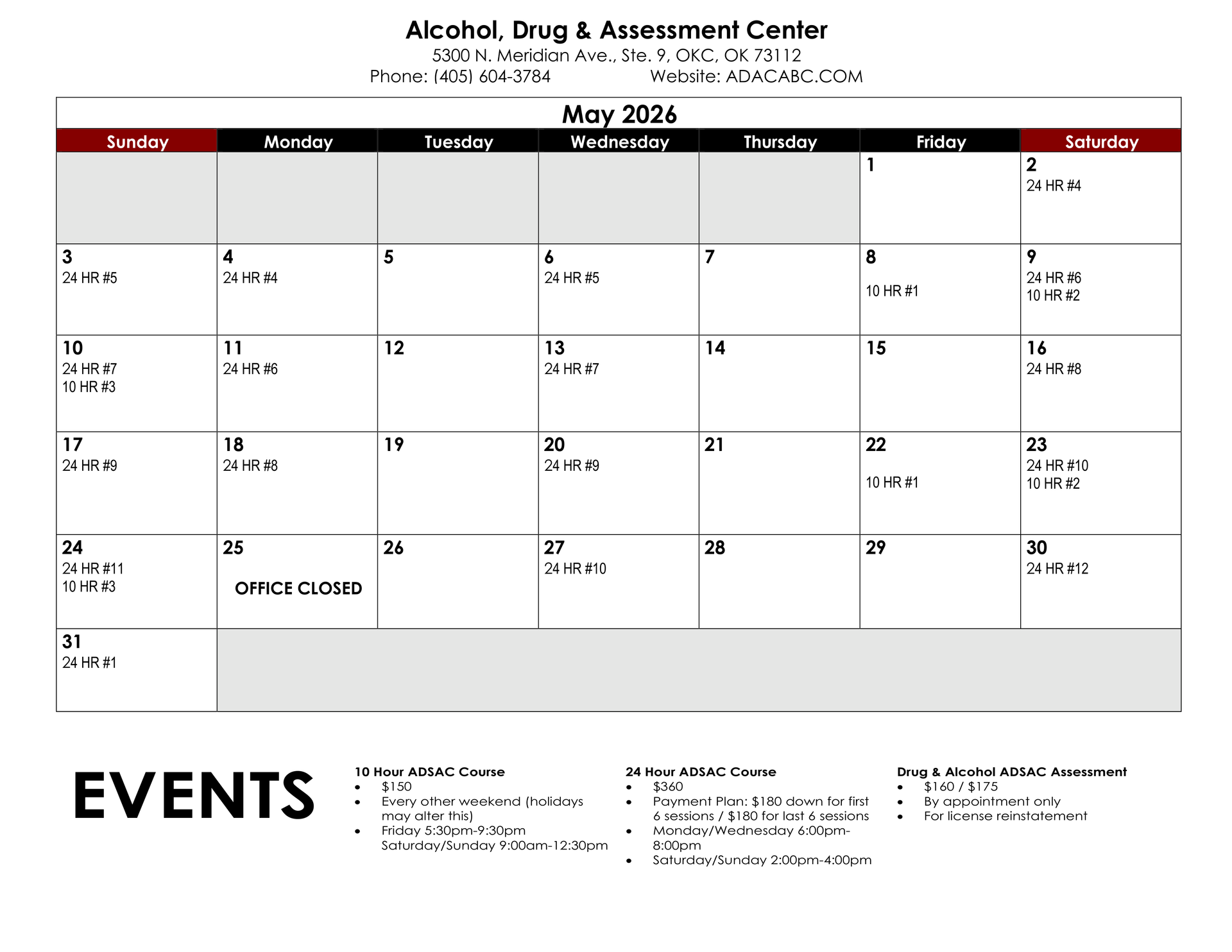 December 2025 calendar with appointments listed. Includes Alcohol, Drug & Treatment Center contact information.