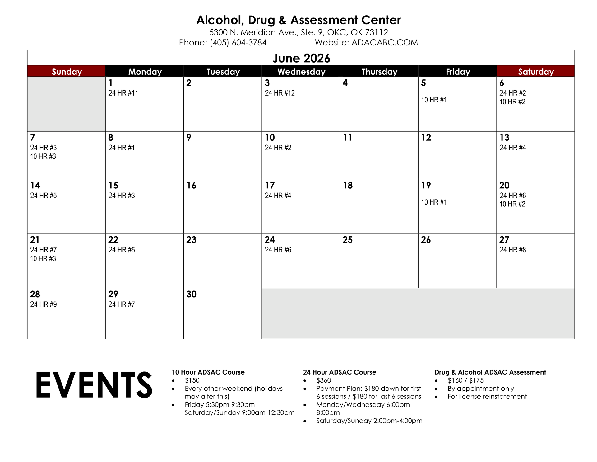 December 2025 calendar with appointments listed. Includes Alcohol, Drug & Treatment Center contact information.