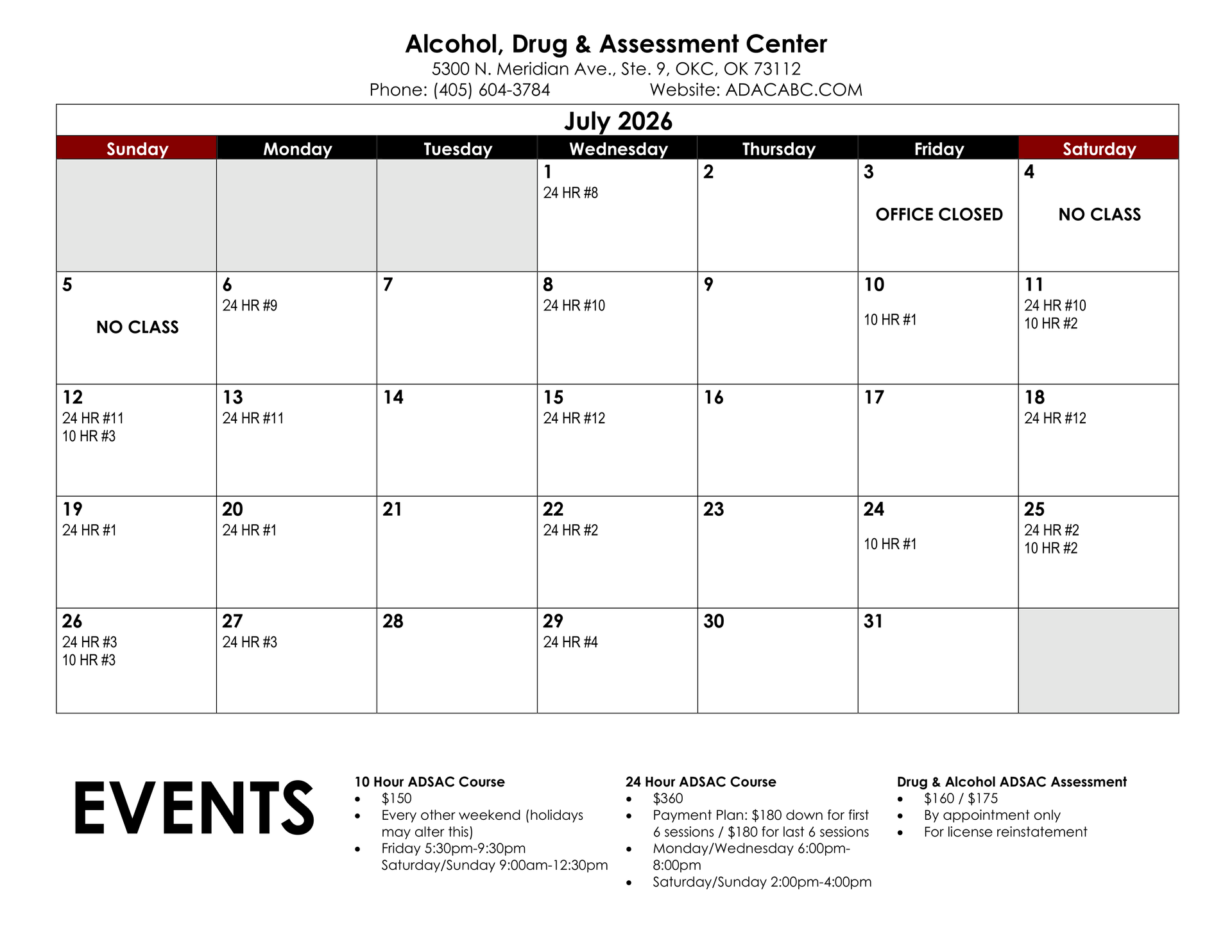 December 2025 calendar with appointments listed. Includes Alcohol, Drug & Treatment Center contact information.