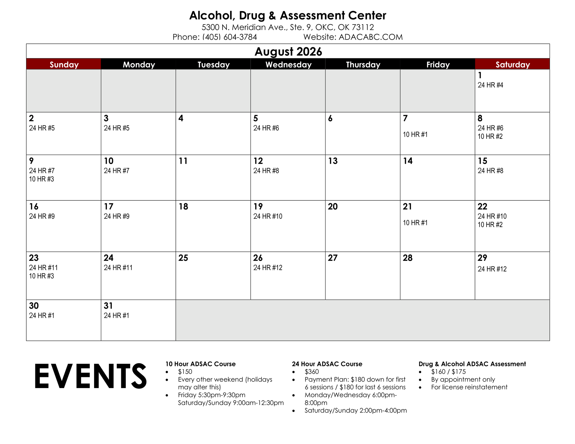 December 2025 calendar with appointments listed. Includes Alcohol, Drug & Treatment Center contact information.