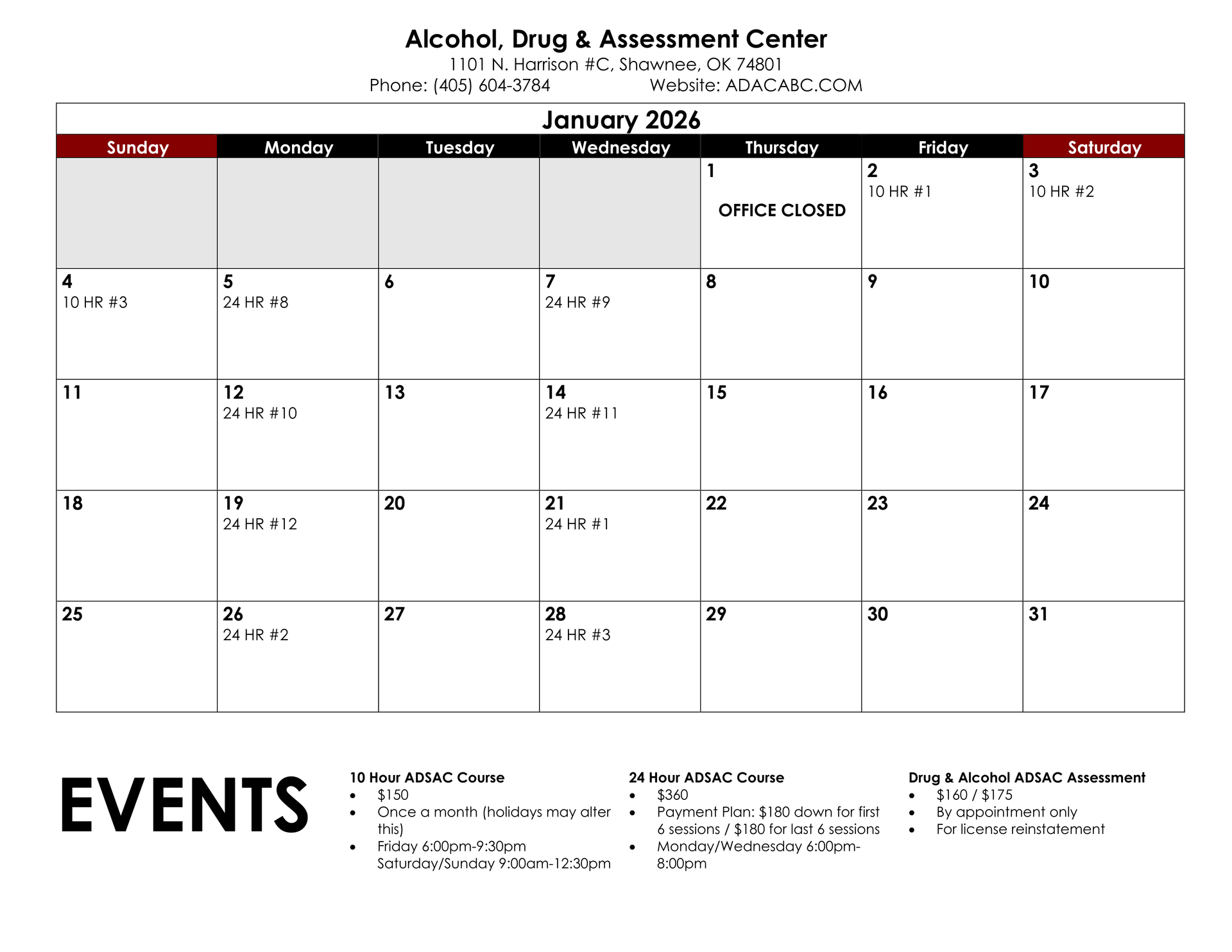 December 2025 calendar with appointments marked. Includes contact info for various locations.