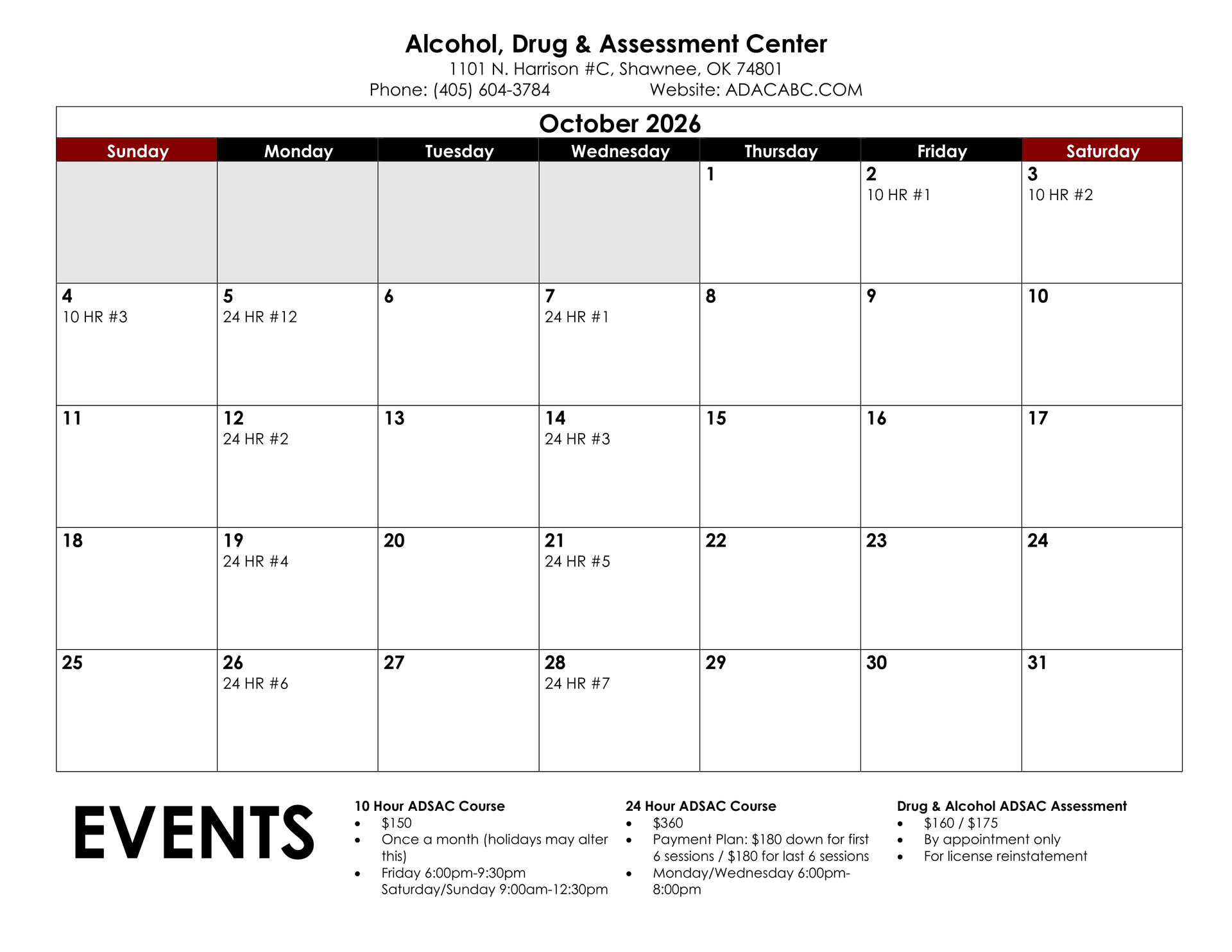 December 2025 calendar with appointments marked. Includes contact info for various locations.