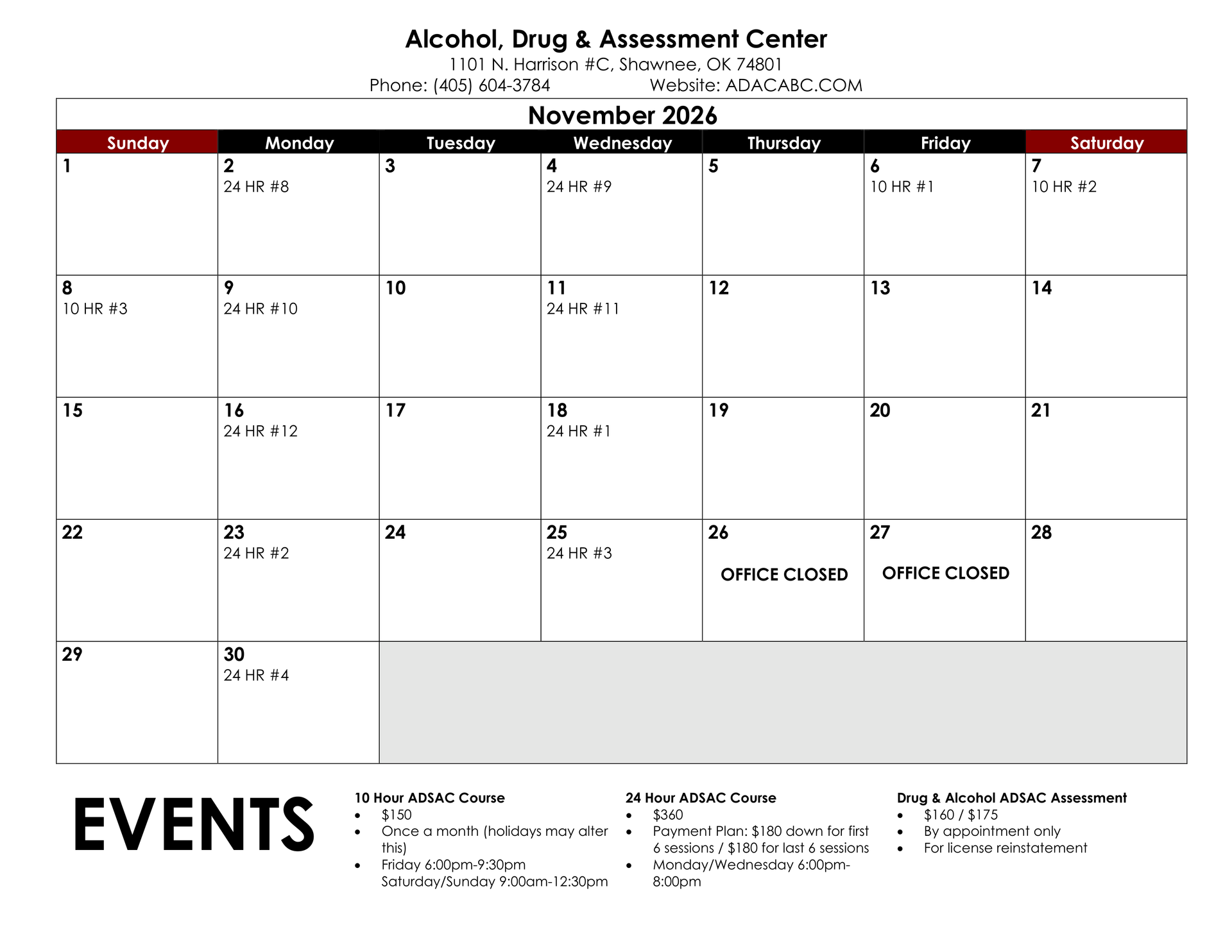 November 2025 calendar with appointments listed for specific dates. Includes event details and contact information.