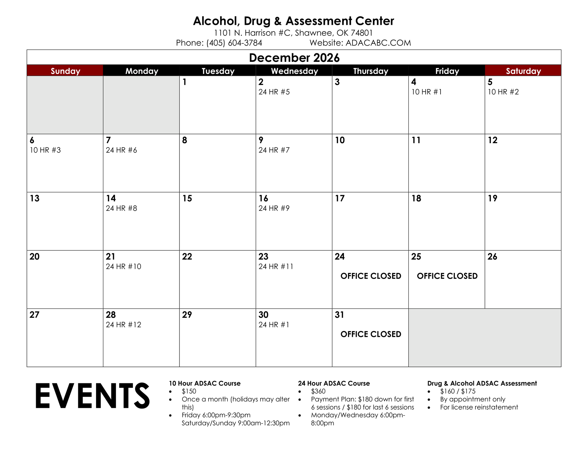 December 2025 calendar with appointments marked. Includes contact info for various locations.
