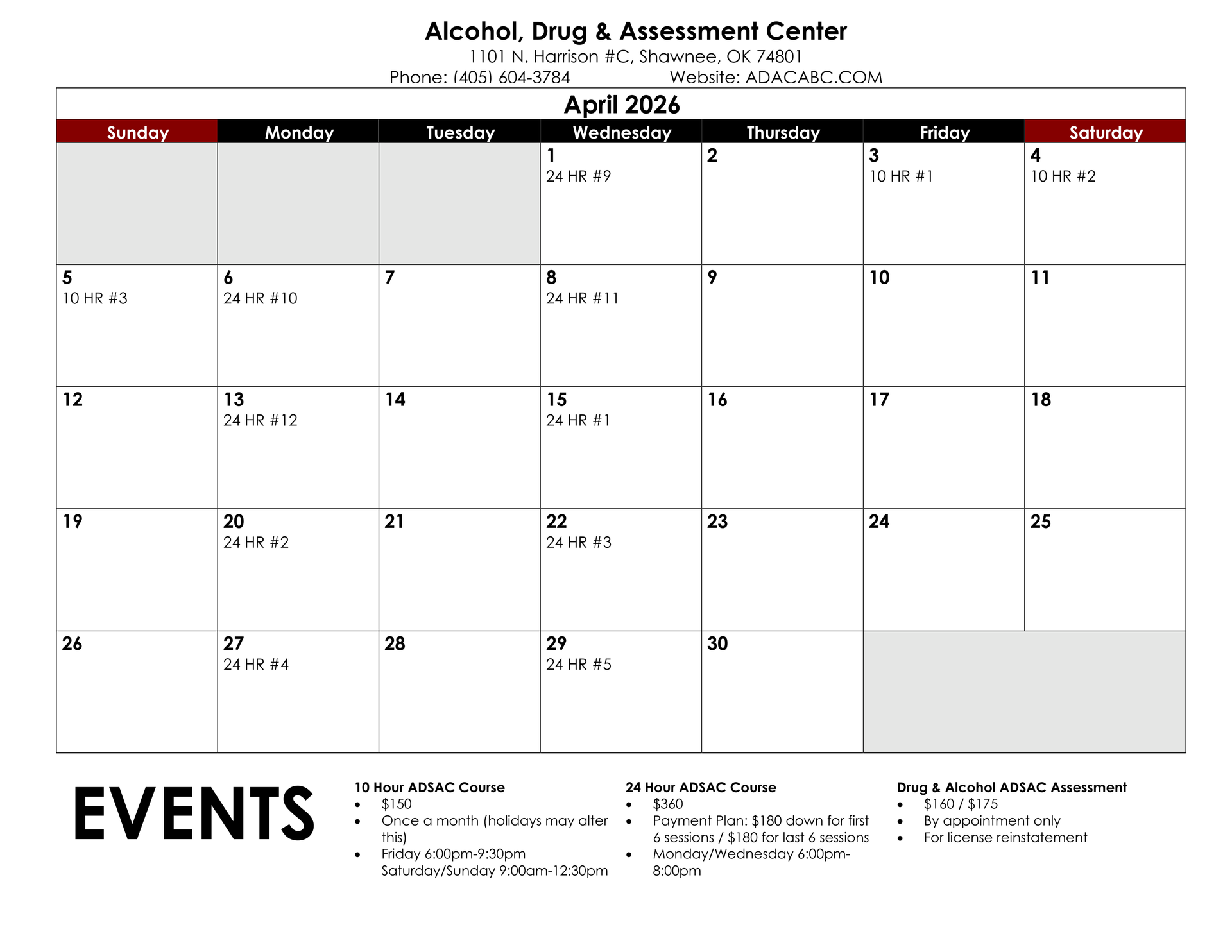 December 2025 calendar with appointments marked. Includes contact info for various locations.