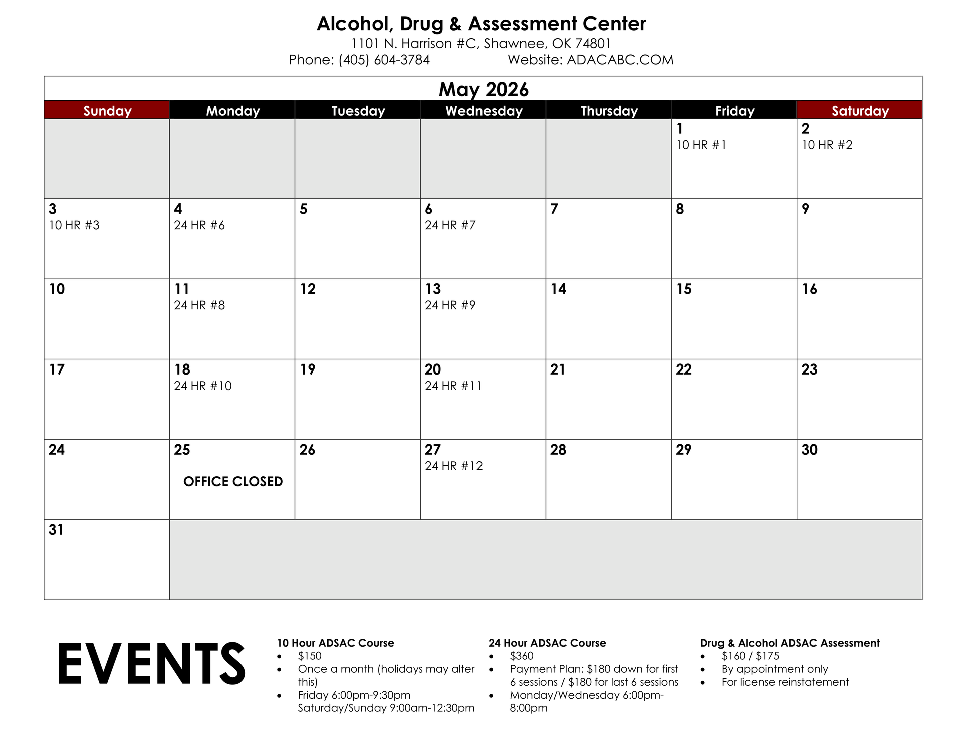 December 2025 calendar with appointments marked. Includes contact info for various locations.