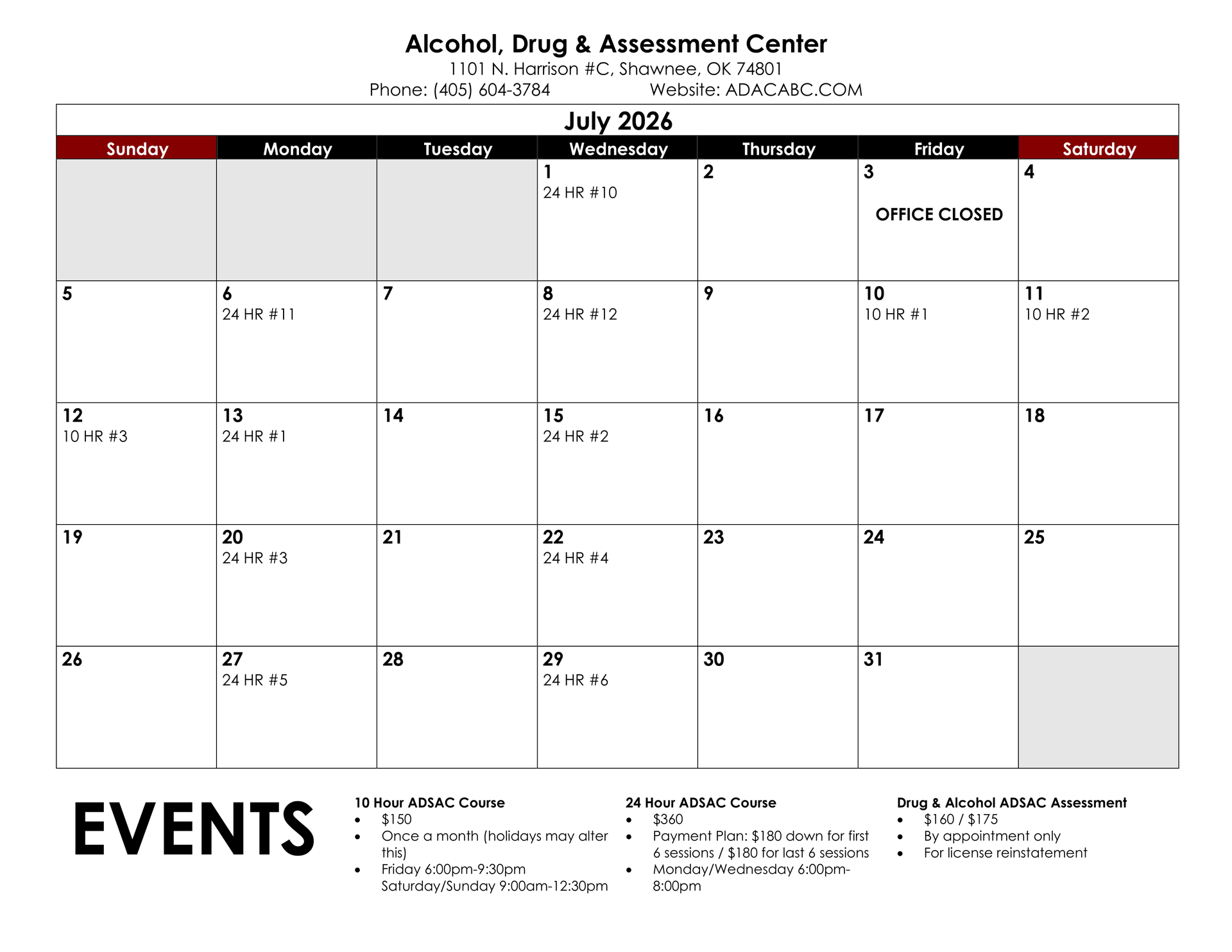December 2025 calendar with appointments marked. Includes contact info for various locations.