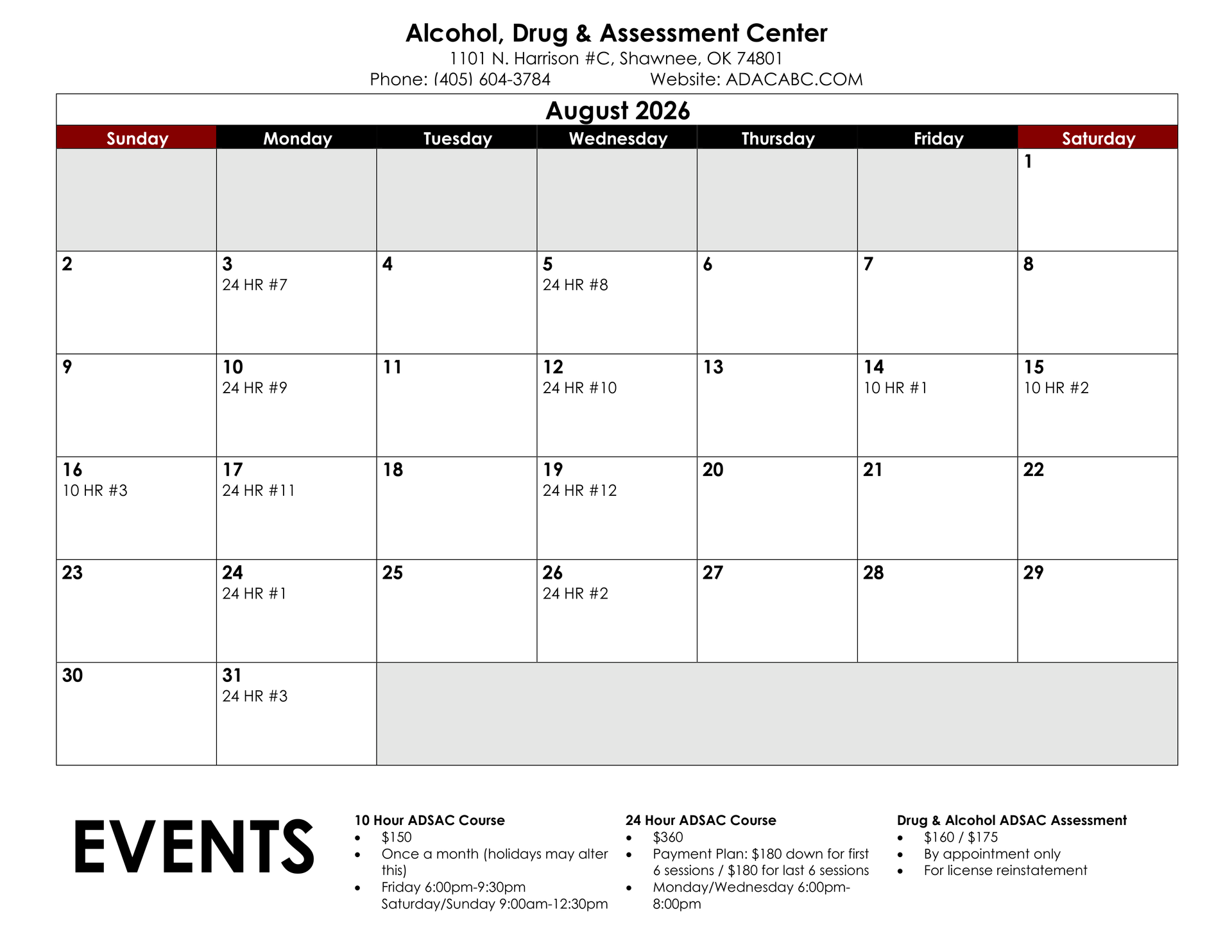 December 2025 calendar with appointments marked. Includes contact info for various locations.