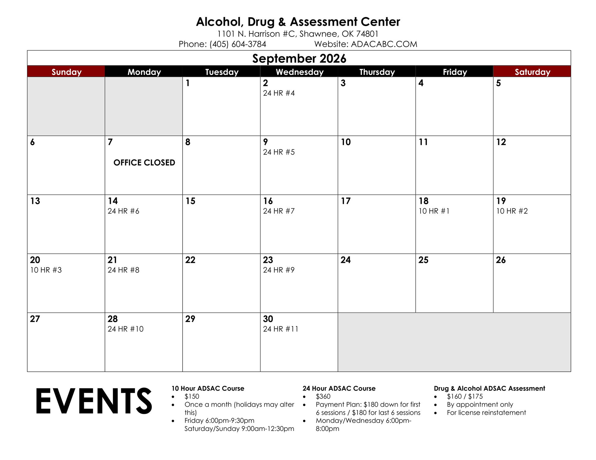 December 2025 calendar with appointments marked. Includes contact info for various locations.