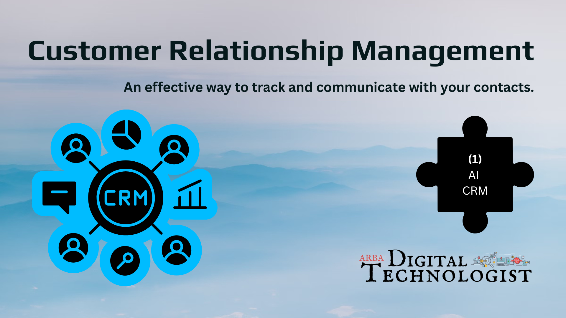 Customer Relationship Management graphic with blue CRM icons and a cloud logo on a light blue background