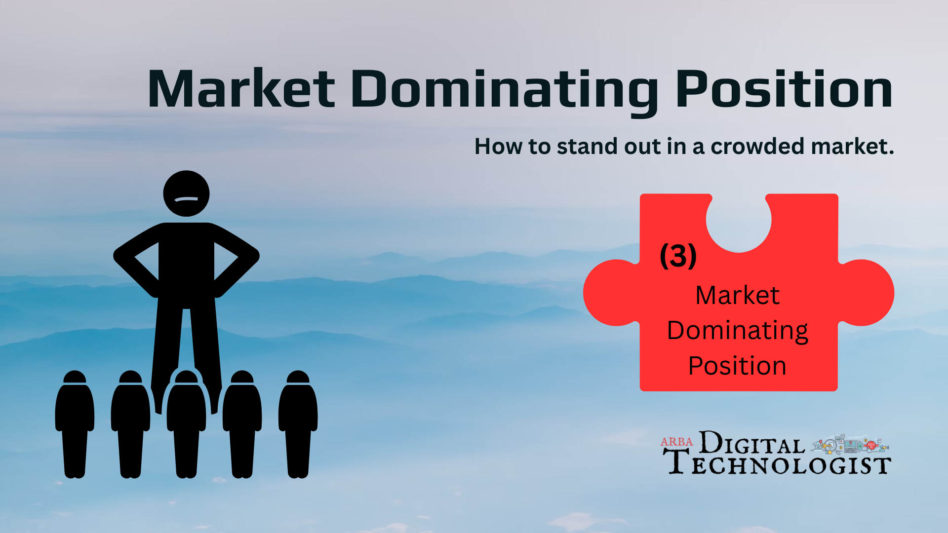 Title slide with black figures beside a red puzzle piece labeled “Market Dominating Position” on a blue background