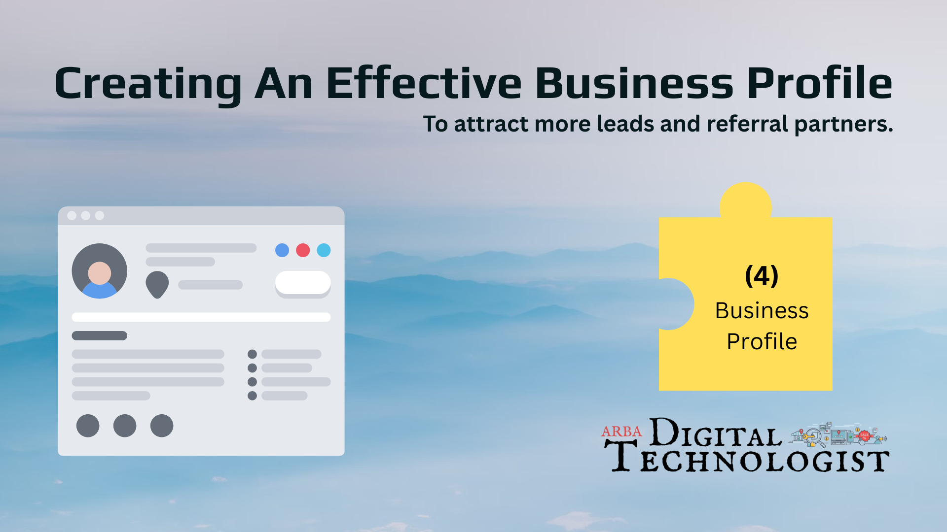 Business profile graphic with website mockup, blue background, and yellow badge reading “(4) Business Profile”