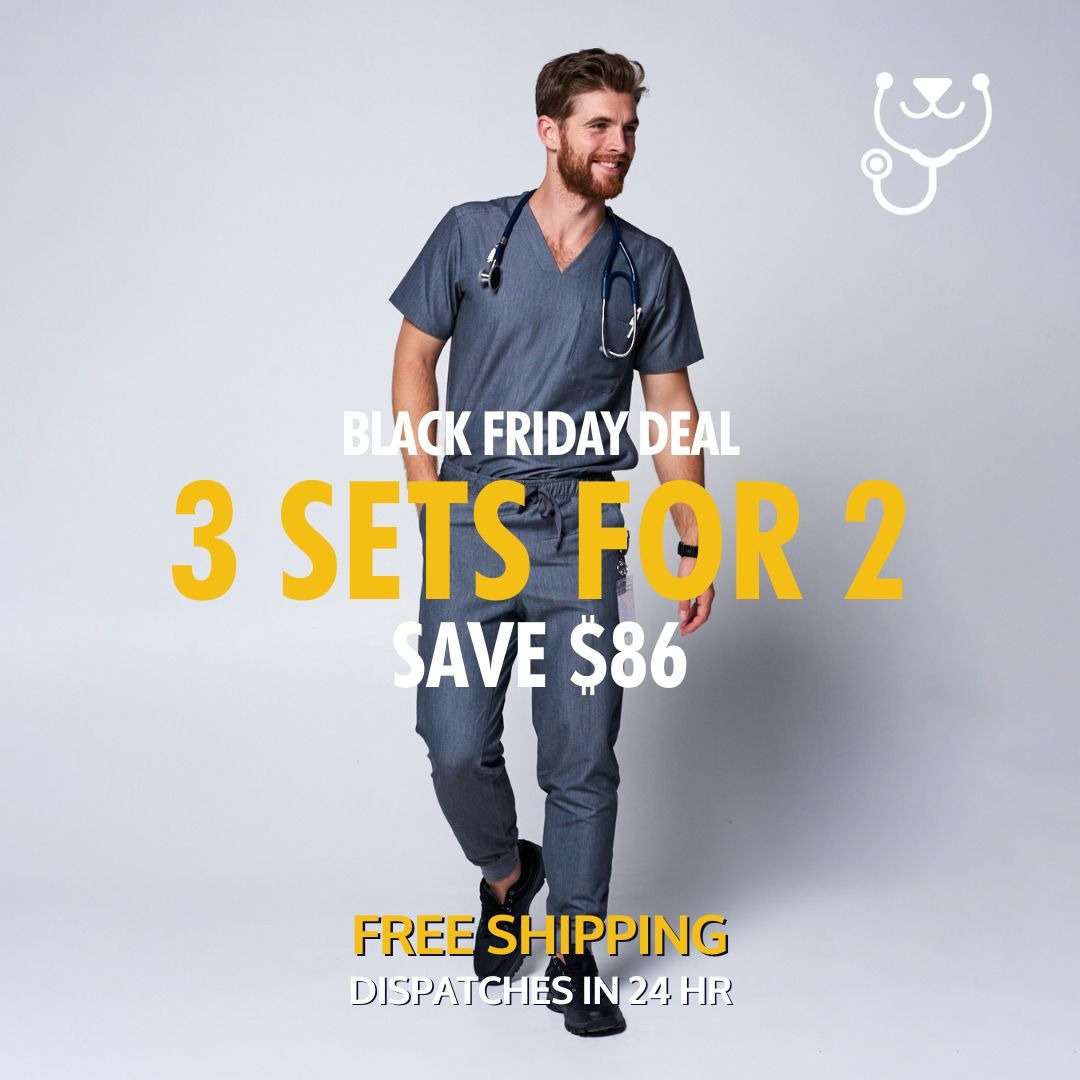 Man in scrubs, stethoscope, Black Friday sale: 3 sets for 2, save $86, free shipping, dispatches in 24hr.