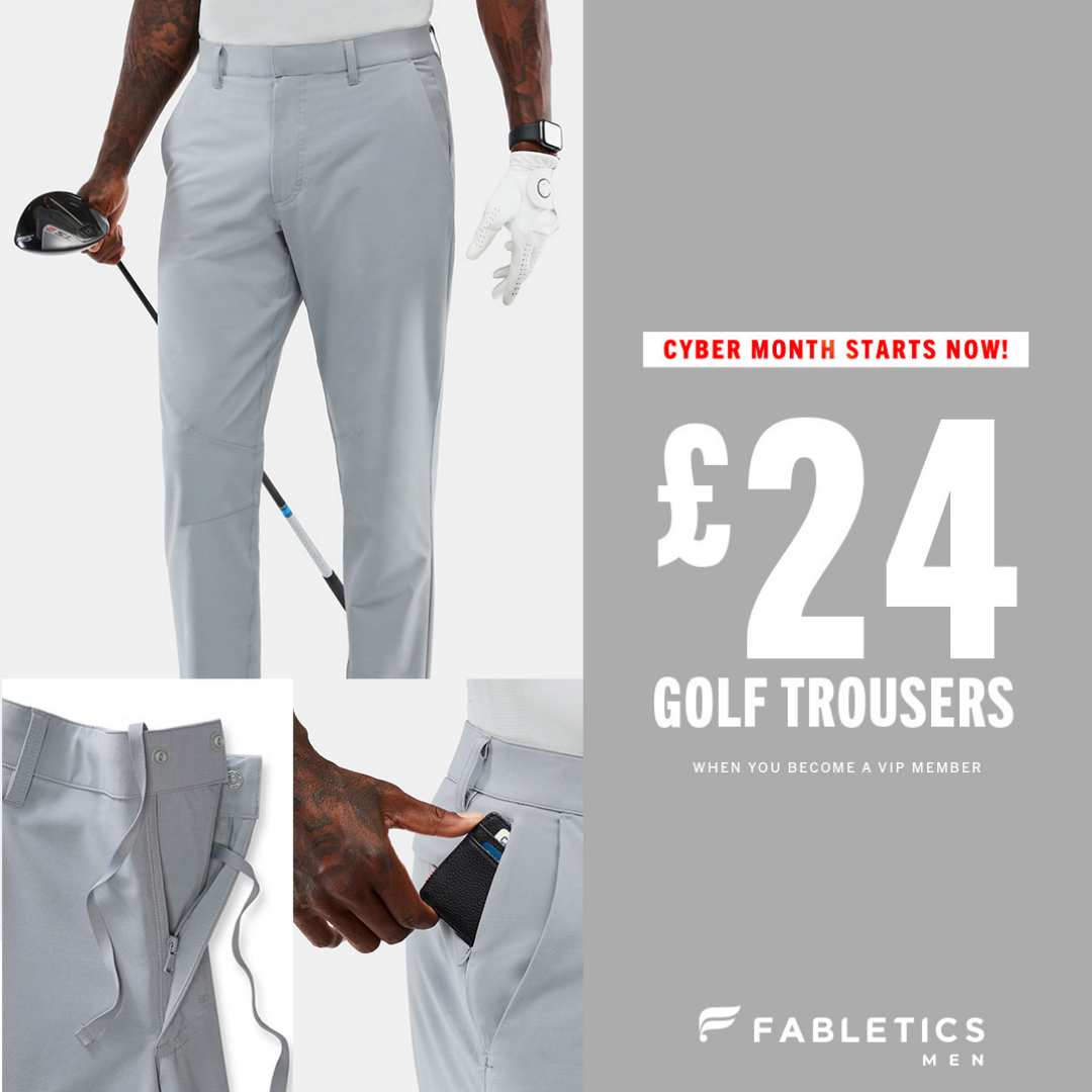 Man wearing grey golf trousers, holding a club. Cyber Month sale: £24. Fabletics logo.