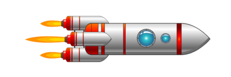 A cartoon illustration of a space shuttle flying through space.