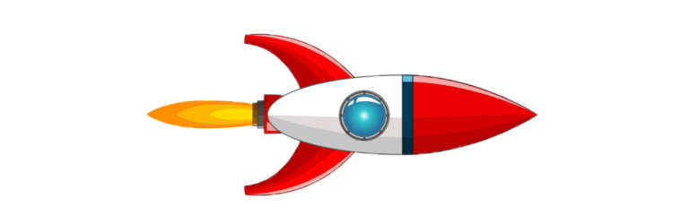 A red and white rocket is flying through the air on a white background.