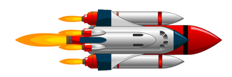A cartoon rocket is flying through the air on a white background.