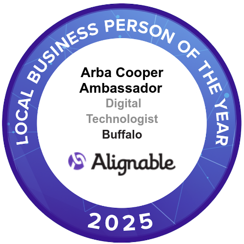 A local business person of the year badge for arba cooper
