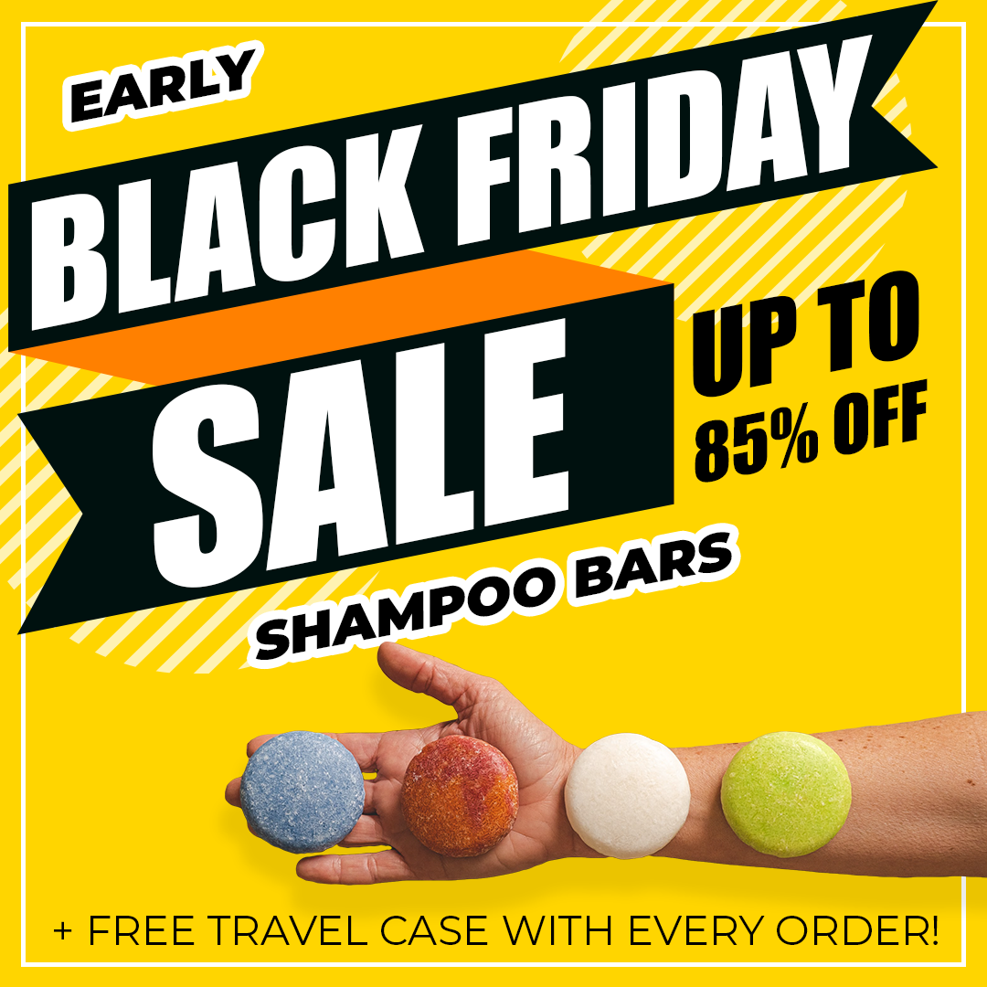 Early Black Friday sale on shampoo bars, up to 85% off. Hand holding colorful bars, with a free travel case offer.