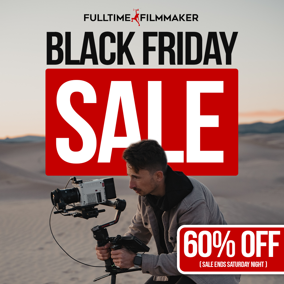 Black Friday Sale advertisement. Filmmaker holding camera on a gimbal in a desert setting; 60% off.