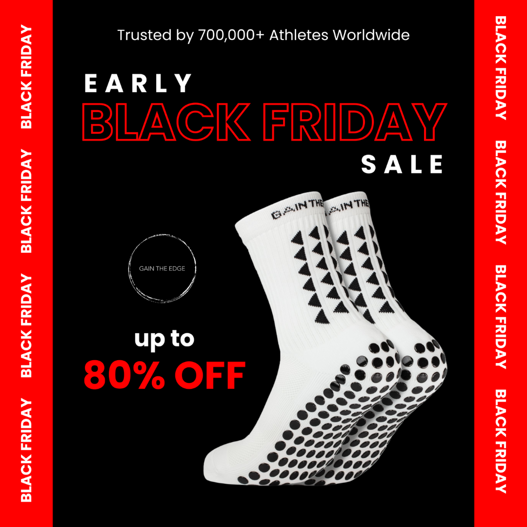 Early Black Friday sale on socks, up to 80% off. White socks with grip pads. Black and red background.