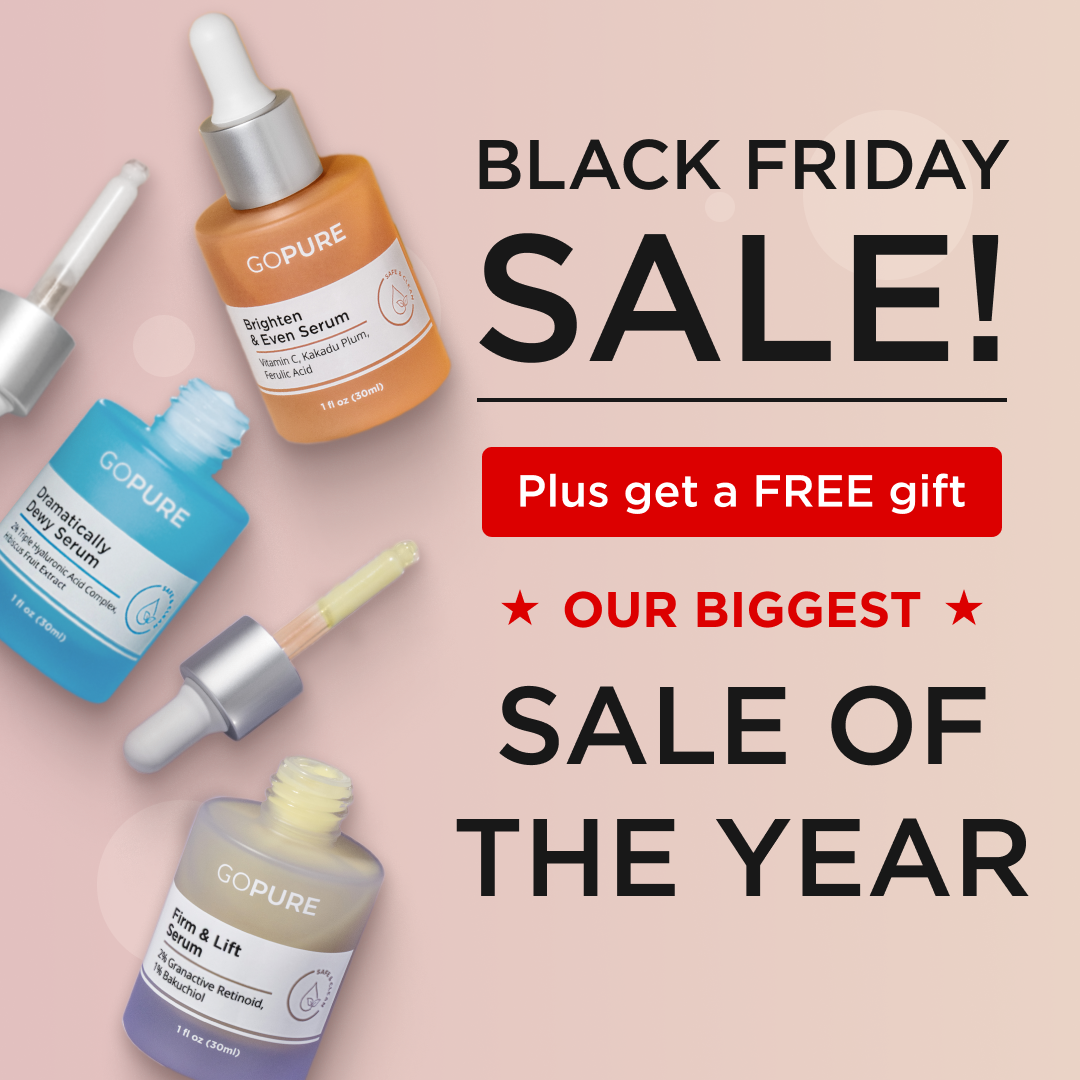 Black Friday sale ad featuring skincare serums with the text,