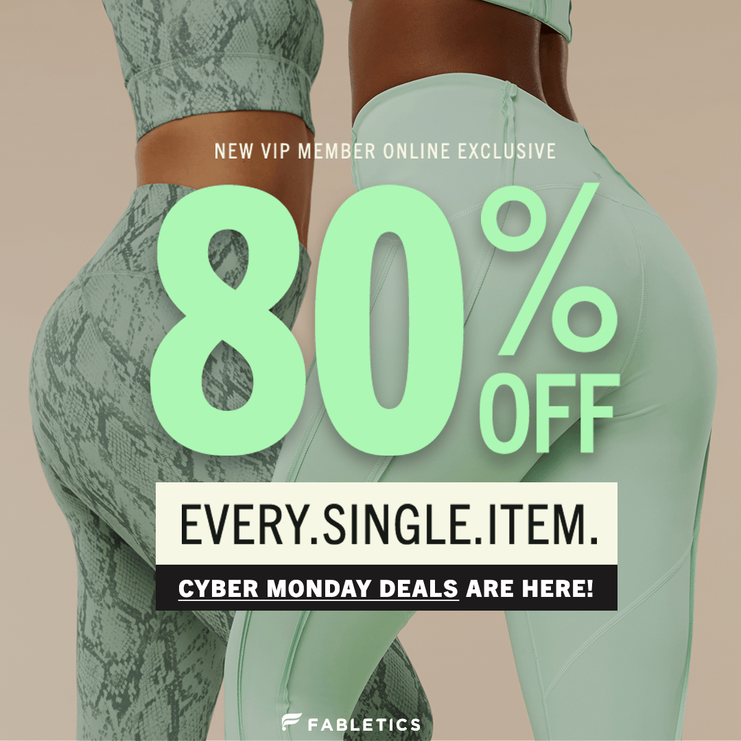 Advertisement: Women wearing activewear, 80% off sale for Cyber Monday.