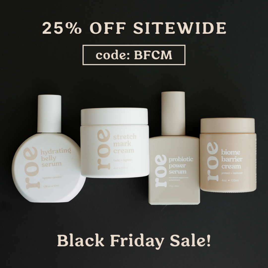 Black Friday sale advertisement: 25% off sitewide. Features skincare products on black background. Discount code BFCM.