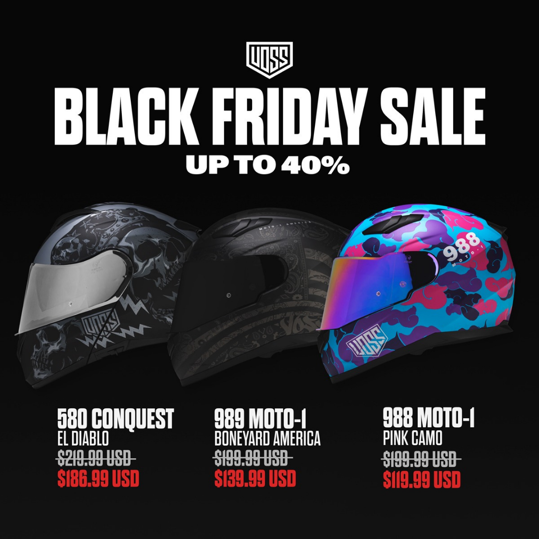 Black Friday sale ad for motorcycle helmets. Three helmets are displayed with prices and a “up to 40% off” banner.